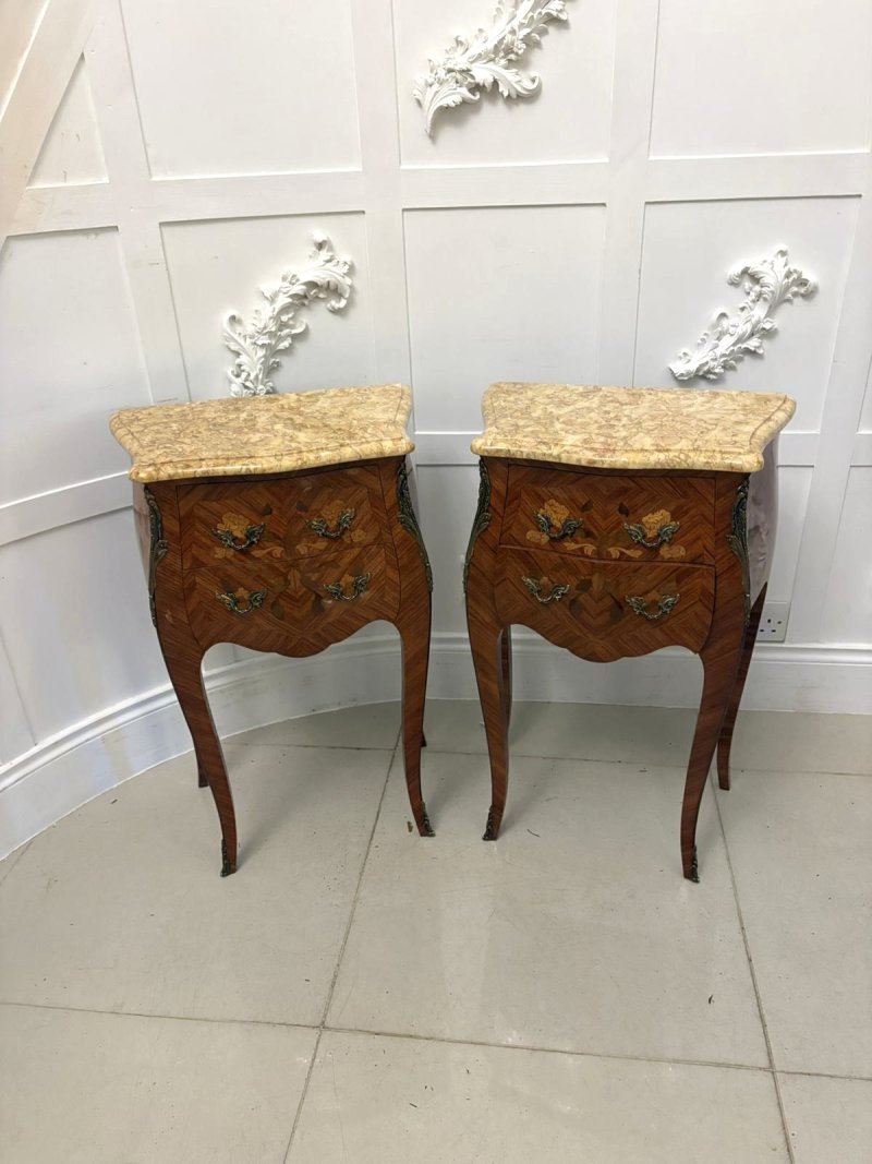 Antique Quality Pair of French Louis XV Style Marquetry Bedside Cabinets